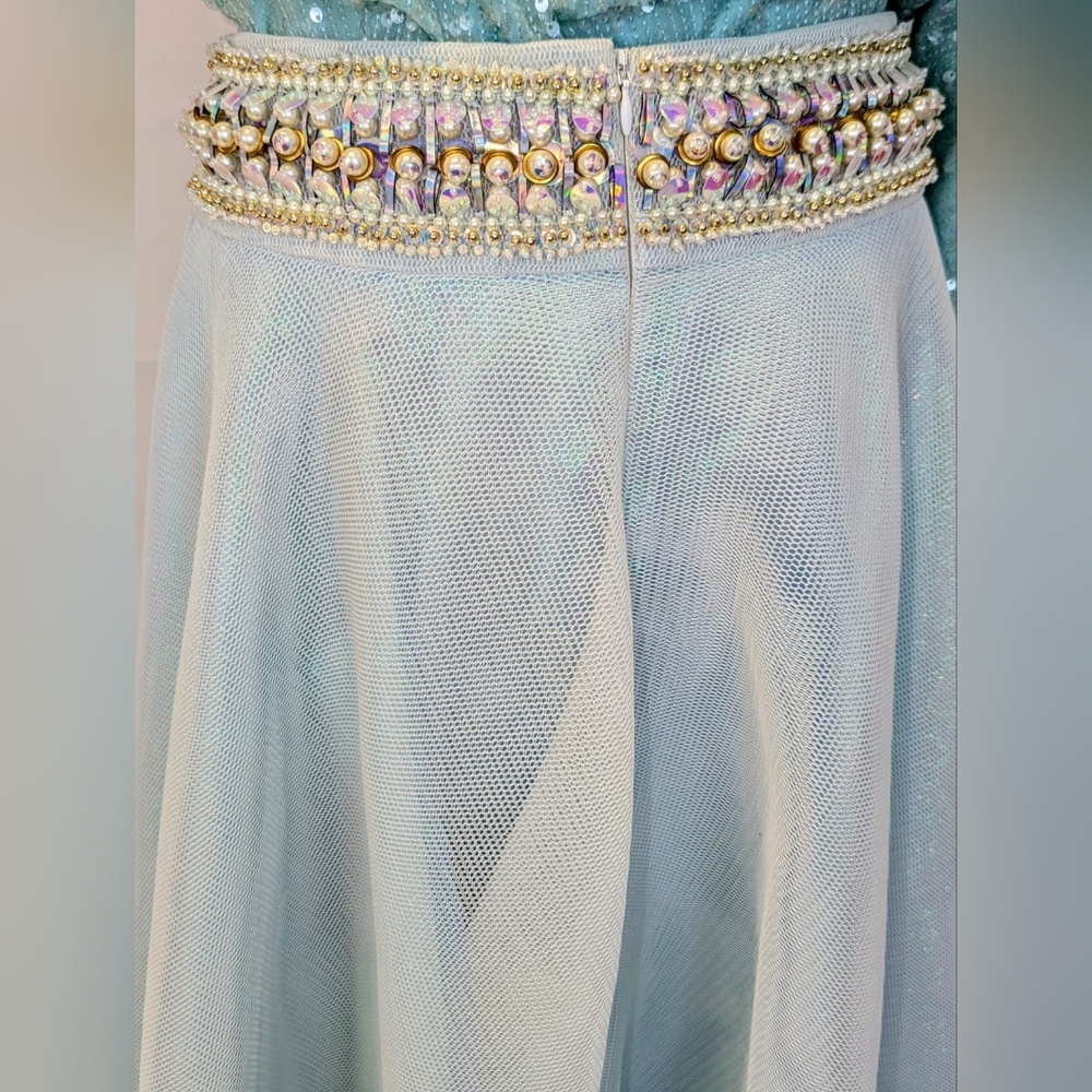 Manish Arora Elegant Mint Green (Seafoam) Women's Maxi Skirt With Beads & Pearls - Picture 6 of 16